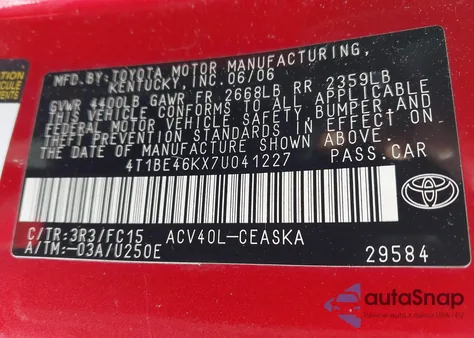 2007 Toyota Camry Se z USA, uszkodzony, nr VIN 4T1BE46KX7U041227